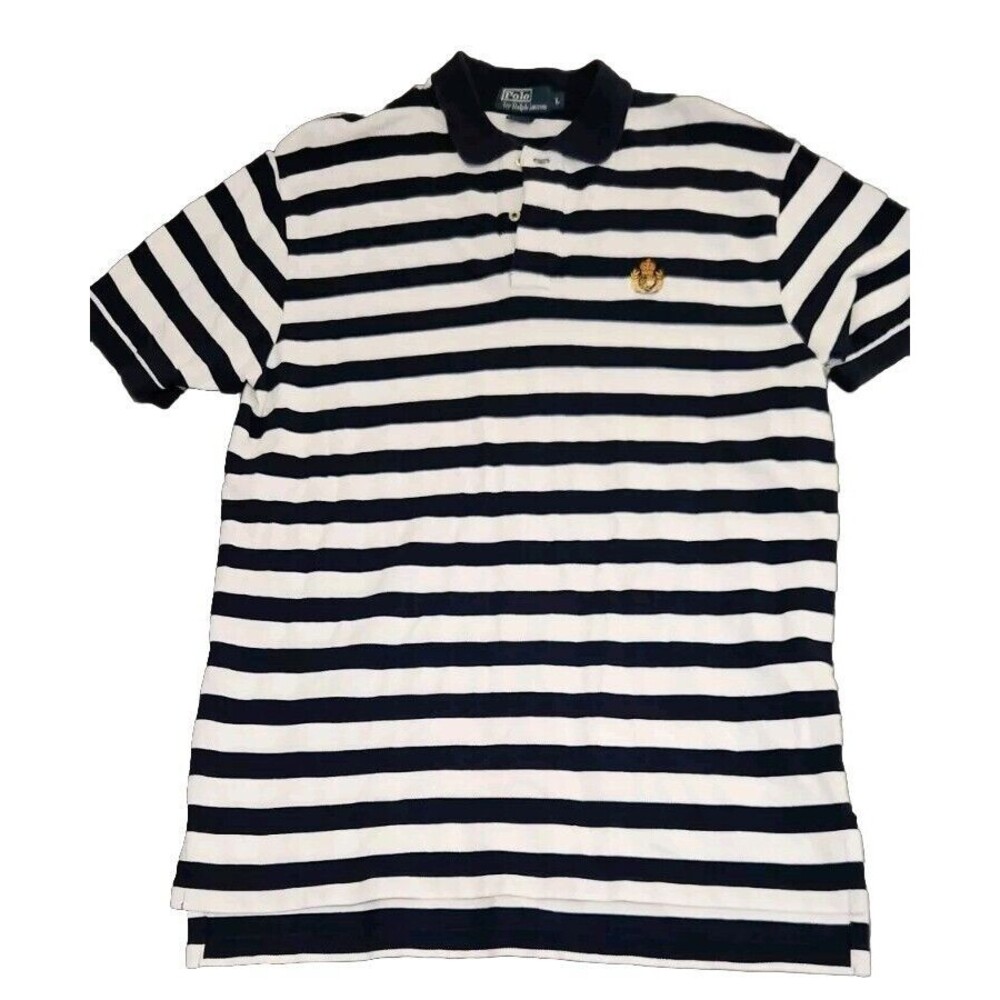 Vintage Ralph Lauren Polo Shirt Mens Sz L Navy Blue White Striped Crest Cotton